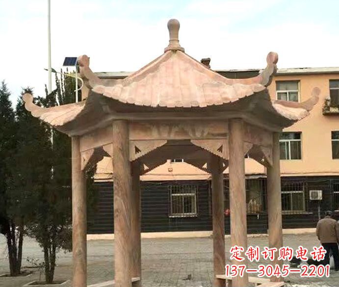 湖北园林晚霞红六角石雕凉亭