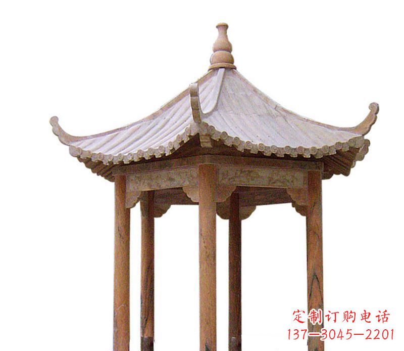 湖北园林晚霞红六角石凉亭景观石雕 (2)