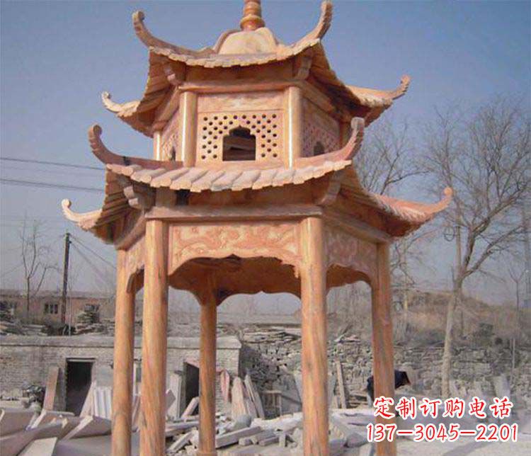 湖北园林晚霞红石凉亭景观石雕
