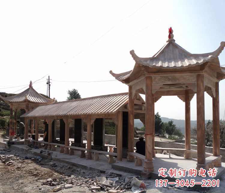 湖北园林晚霞红长廊凉亭景观石雕