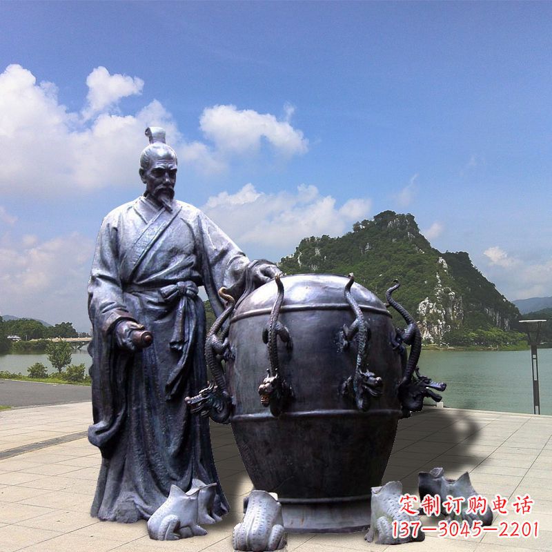 湖北张衡地动仪地震仪雕塑-玻璃钢仿铜历史名人情景雕塑