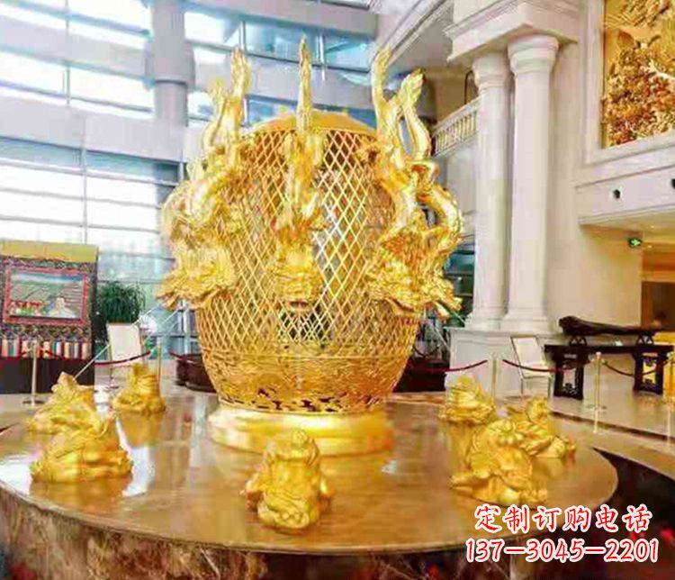 湖北张衡地动仪企业景观雕塑摆件纯铜鎏金古仪器