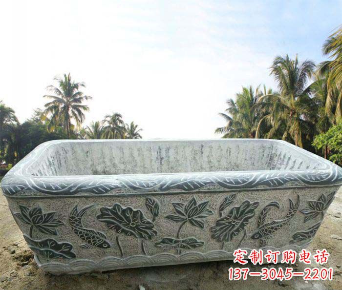 湖北长方形连年有余荷花浮雕石水缸