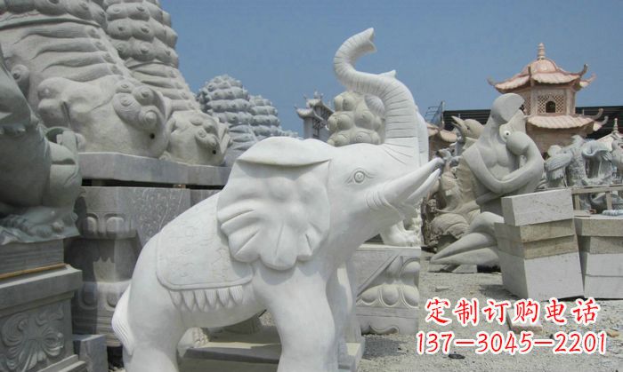 湖北招财动物汉白玉长鼻小象石雕