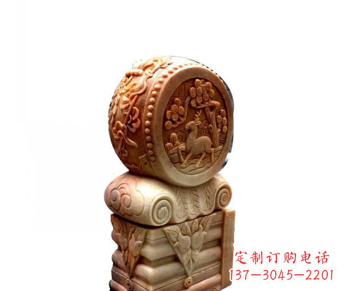 湖北招财石门墩晚霞红抱鼓石