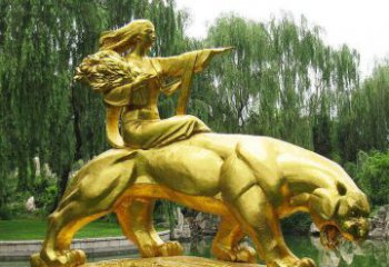 湖北园林骑老虎的美女人物鎏金景观铜雕