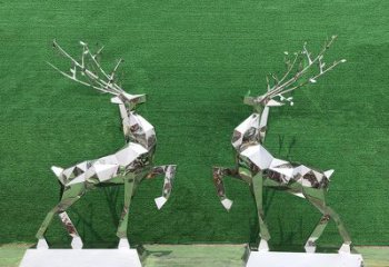 湖北梅花鹿雕塑-公园两只不锈钢镜面梅花鹿雕塑